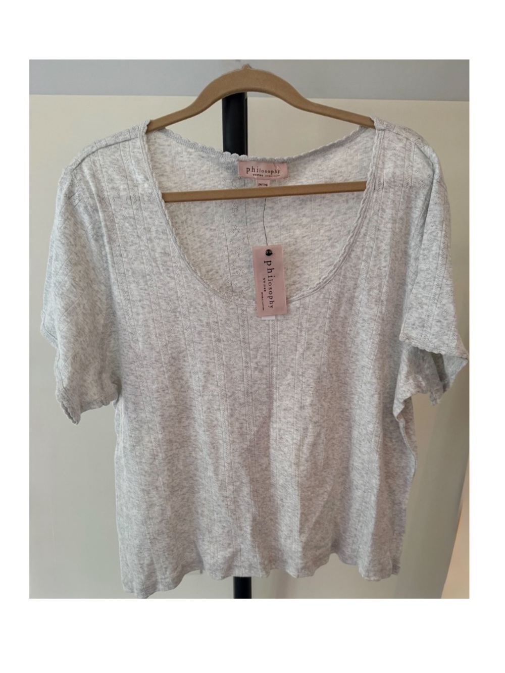 Philosophy Light Gray Ribbed Scoop Neck Short Sleeve Tee
